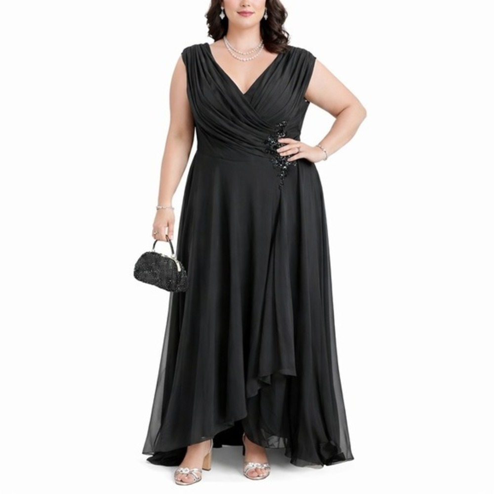 Womens Black Plus Size 16 W‎ Formal Dress High Low Chiffon Glam Hoco Beaded